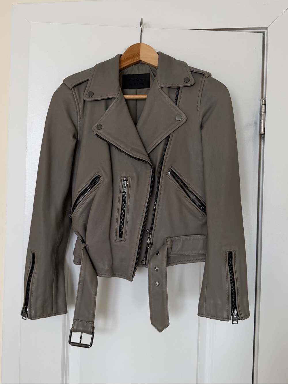 AllSaints Taupe Leather Moto Jacket with Belt